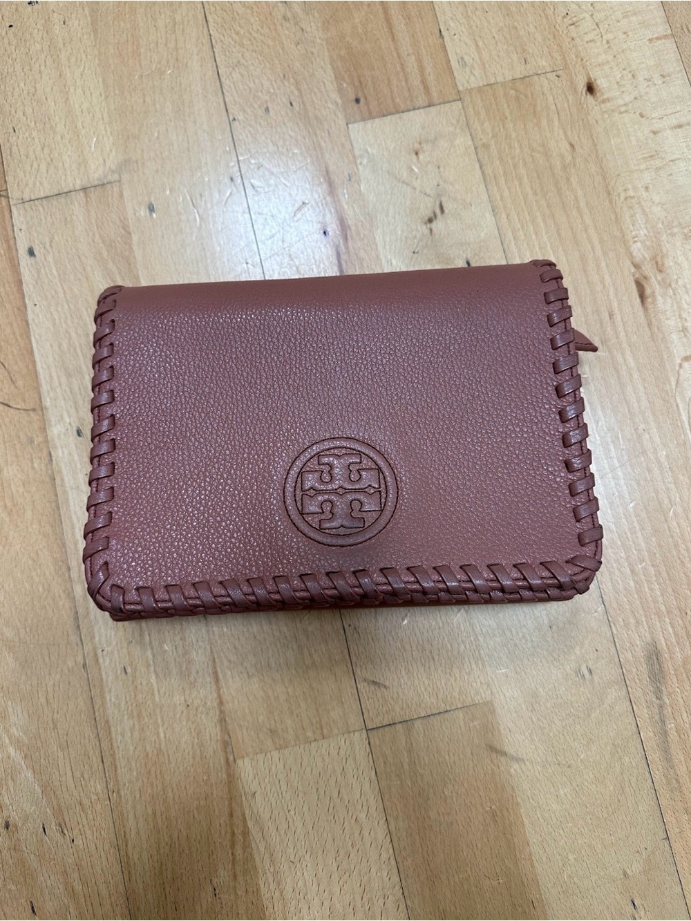 Tory Burch Chestnut Whipstitched Leather Card Wallet